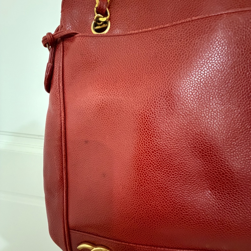 Vintage Chanel 金球酒紅粗金鏈復古托特包-5