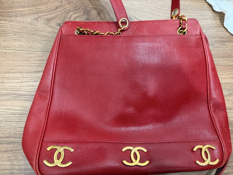 Vintage Chanel 金球酒紅粗金鏈復古托特包-7