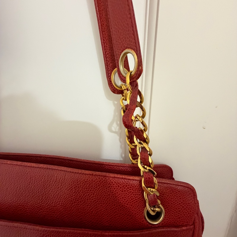 Vintage Chanel 金球酒紅粗金鏈復古托特包-11