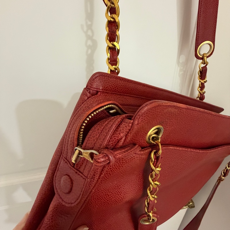Vintage Chanel 金球酒紅粗金鏈復古托特包-12
