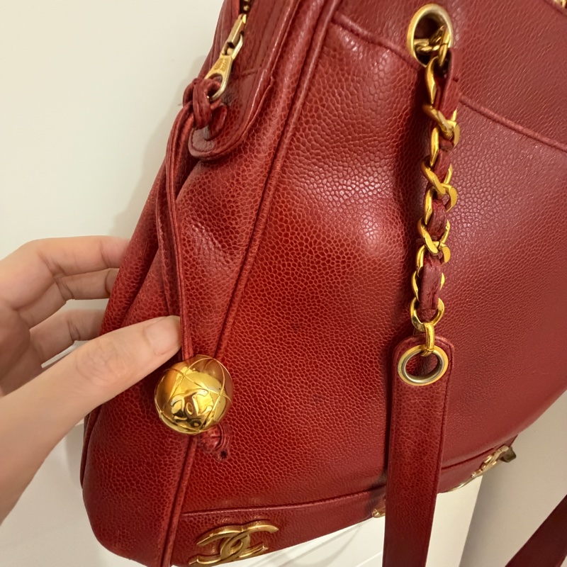 Vintage Chanel 金球酒紅粗金鏈復古托特包-13