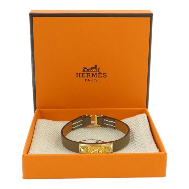 HERMES Swift皮革Rivale Mini Bracelet金扣手鏈Etoupe-9