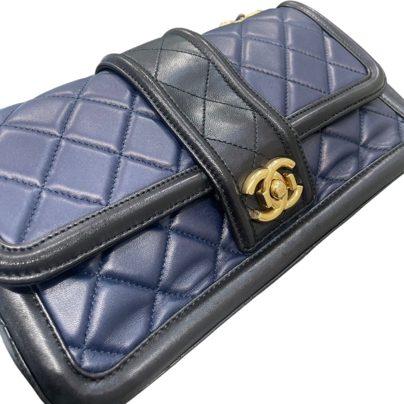 CHANEL 香奈兒 ELEGANT CC 肩背包 羊皮 深藍色 金釦-11