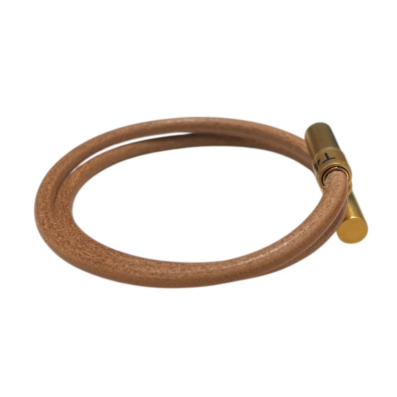 HERMES 愛馬仕 TOURNIS H造型雙圈手環 皮革 棕色 金釦 T4-2