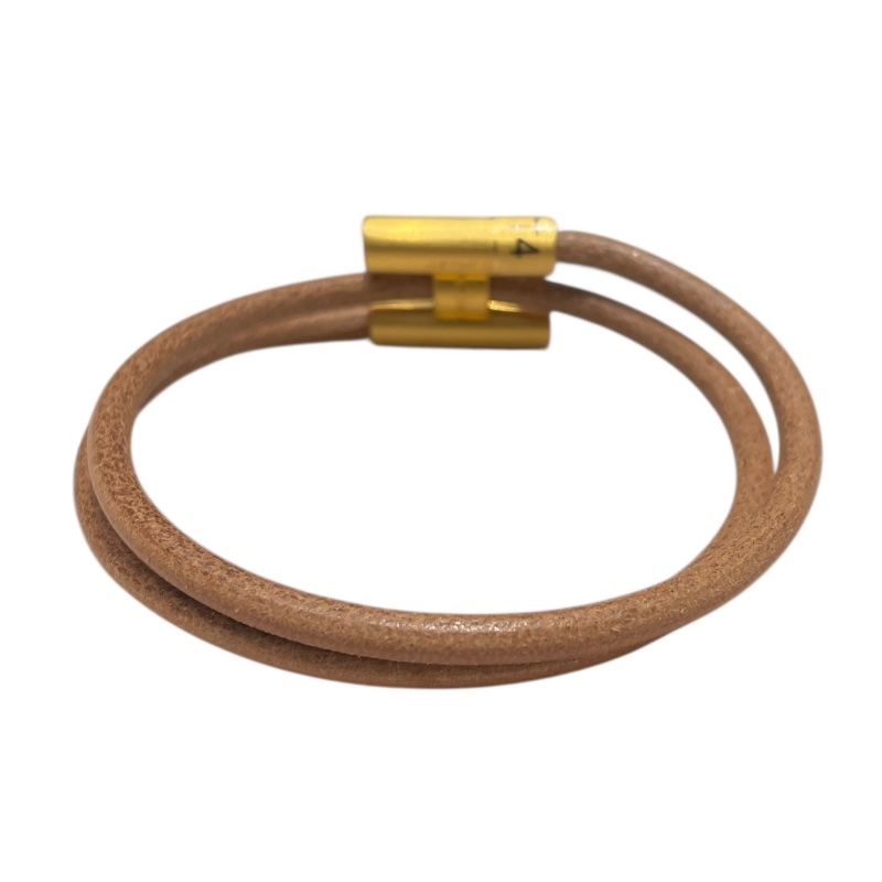 HERMES 愛馬仕 TOURNIS H造型雙圈手環 皮革 棕色 金釦 T4-3