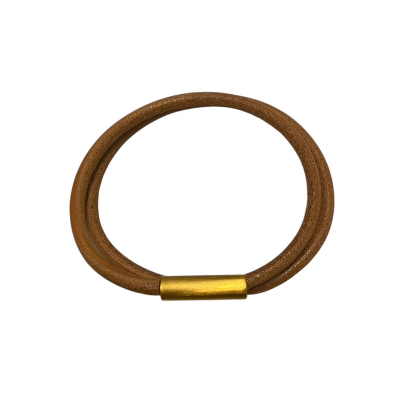 HERMES 愛馬仕 TOURNIS H造型雙圈手環 皮革 棕色 金釦 T4-4