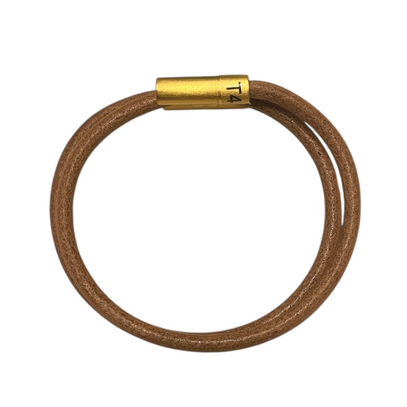 HERMES 愛馬仕 TOURNIS H造型雙圈手環 皮革 棕色 金釦 T4-5