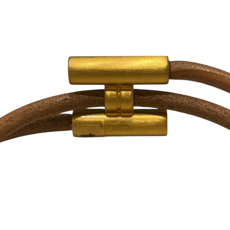 HERMES 愛馬仕 TOURNIS H造型雙圈手環 皮革 棕色 金釦 T4-6