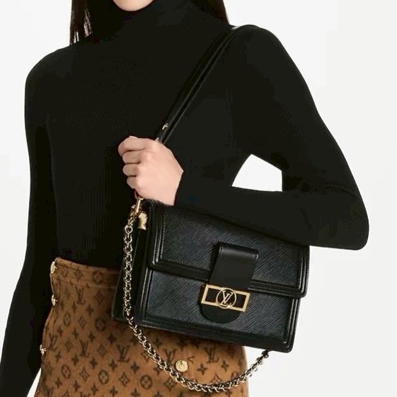 LV黑色金釦epi牛皮達芙妮MM肩側背包 M56141-1