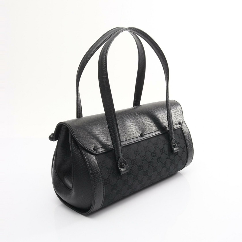 GUCCI 竹節 GG 帆布單肩手提包 111713 帆布皮革黑色二手女士-1