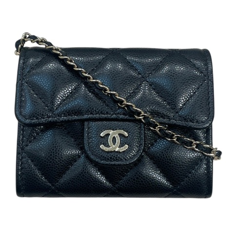 CHANEL 香奈兒 AP0238 鏈條小卡夾 荔枝牛皮 黑色 金釦