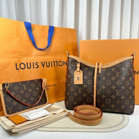 LV路易威登 26年3月4日全套 芯片款 Carryall PM小號子母包 經典老花滿印購物袋 塗層帆布拼牛皮飾邊 手提單肩包托特包 女款 棕色