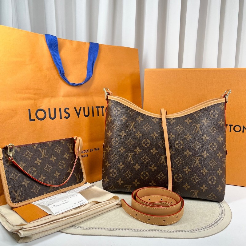 LV路易威登 26年3月4日全套 芯片款 Carryall PM小號子母包 經典老花滿印購物袋 塗層帆布拼牛皮飾邊 手提單肩包托特包 女款 棕色-1