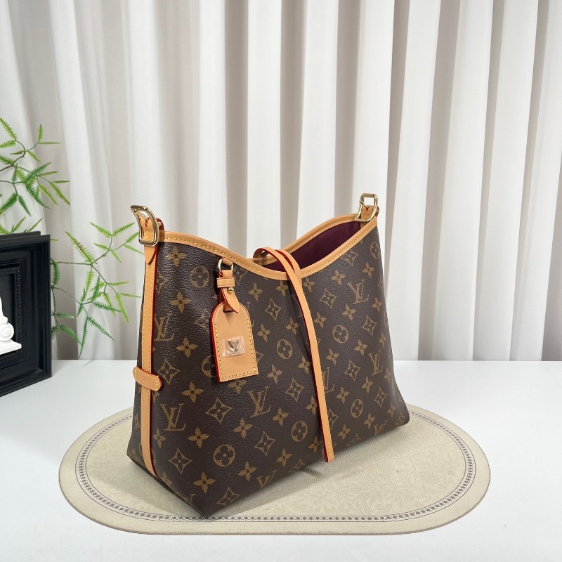 LV路易威登 26年3月4日全套 芯片款 Carryall PM小號子母包 經典老花滿印購物袋 塗層帆布拼牛皮飾邊 手提單肩包托特包 女款 棕色-2