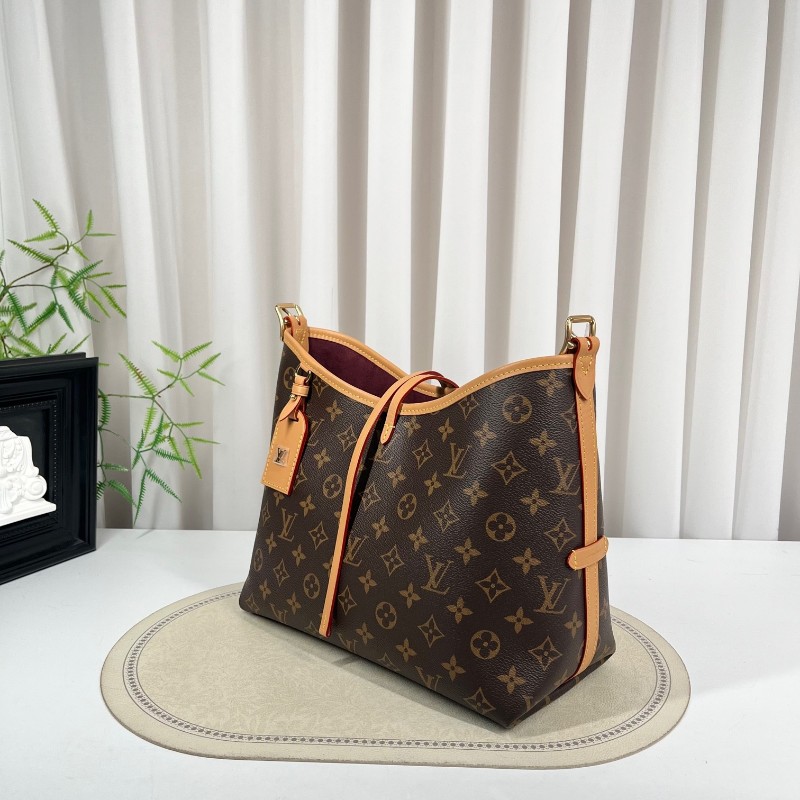 LV路易威登 26年3月4日全套 芯片款 Carryall PM小號子母包 經典老花滿印購物袋 塗層帆布拼牛皮飾邊 手提單肩包托特包 女款 棕色-3
