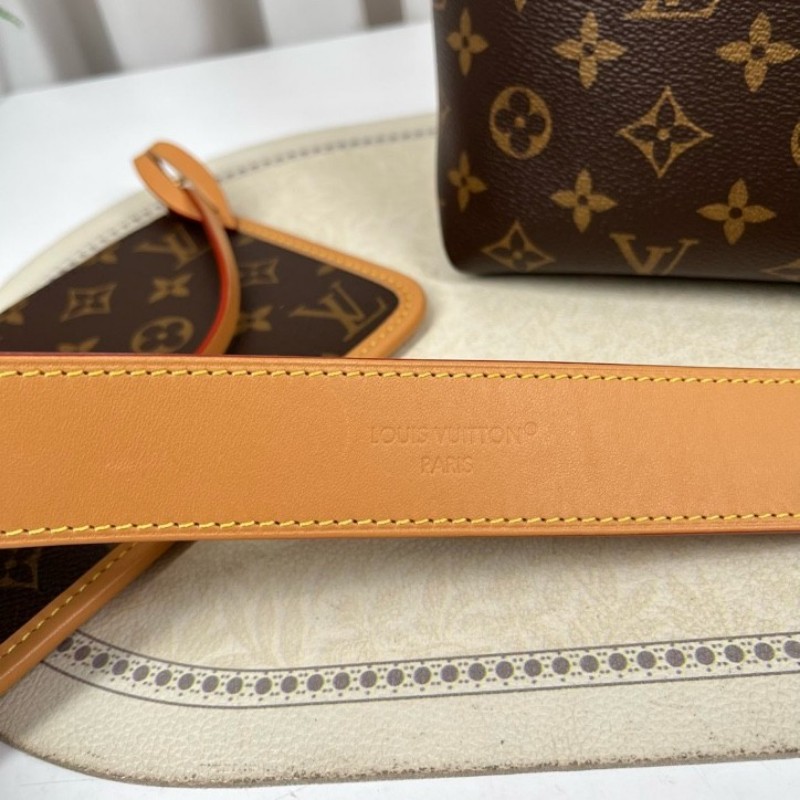 LV路易威登 26年3月4日全套 芯片款 Carryall PM小號子母包 經典老花滿印購物袋 塗層帆布拼牛皮飾邊 手提單肩包托特包 女款 棕色-17