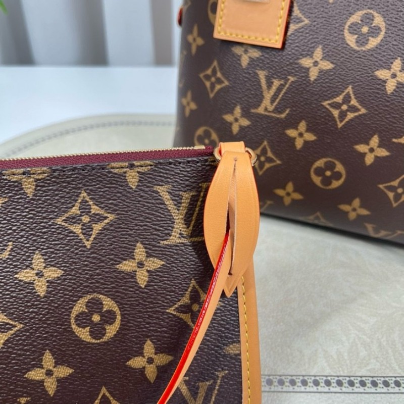 LV路易威登 26年3月4日全套 芯片款 Carryall PM小號子母包 經典老花滿印購物袋 塗層帆布拼牛皮飾邊 手提單肩包托特包 女款 棕色-18