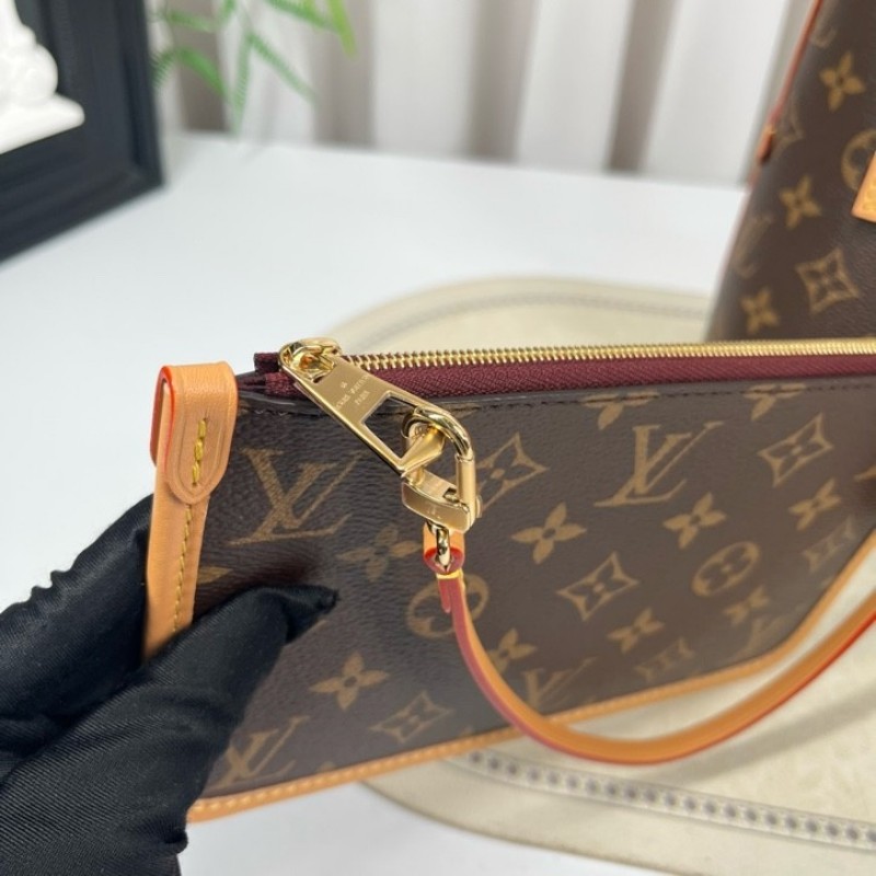 LV路易威登 26年3月4日全套 芯片款 Carryall PM小號子母包 經典老花滿印購物袋 塗層帆布拼牛皮飾邊 手提單肩包托特包 女款 棕色-19