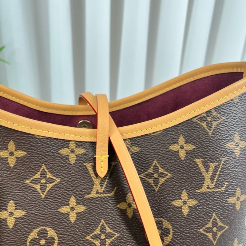 LV路易威登 26年3月4日全套 芯片款 Carryall PM小號子母包 經典老花滿印購物袋 塗層帆布拼牛皮飾邊 手提單肩包托特包 女款 棕色-21