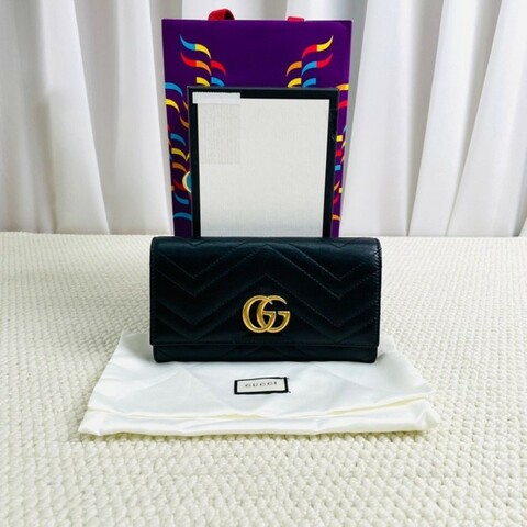 Gucci 古馳 marmont系列 金標Logo 銜縫皮革 長款翻蓋拉鍊錢包