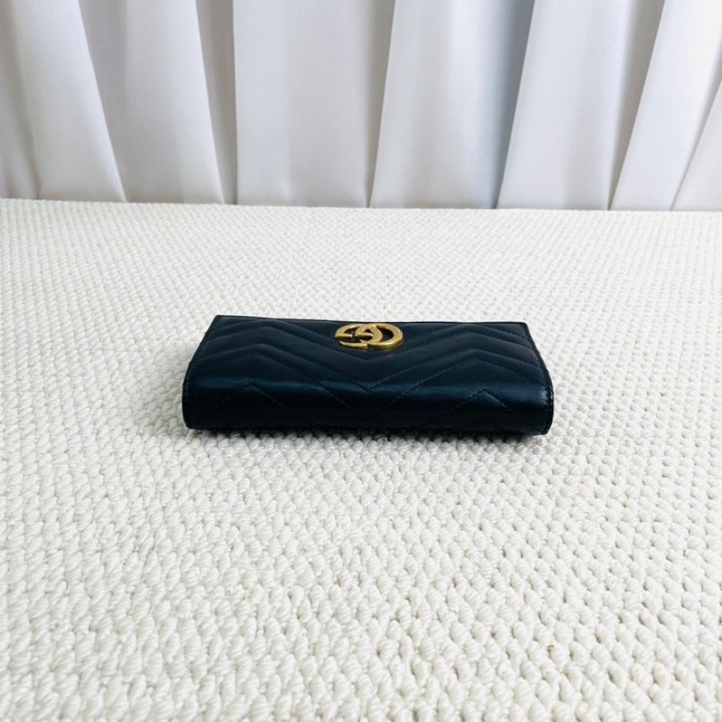 Gucci 古馳 marmont系列 金標Logo 銜縫皮革 長款翻蓋拉鍊錢包-2