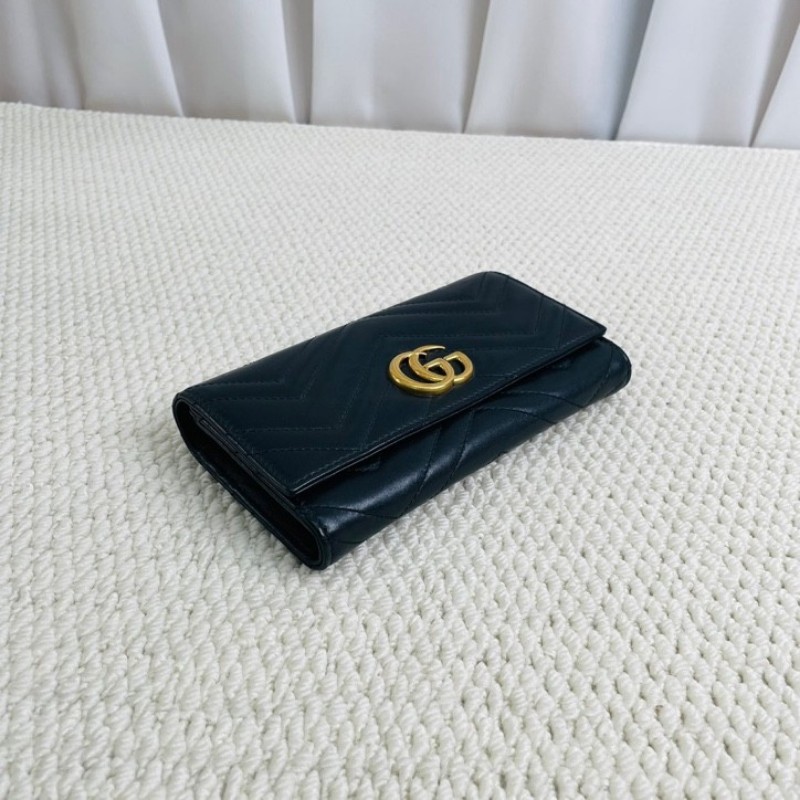 Gucci 古馳 marmont系列 金標Logo 銜縫皮革 長款翻蓋拉鍊錢包-3