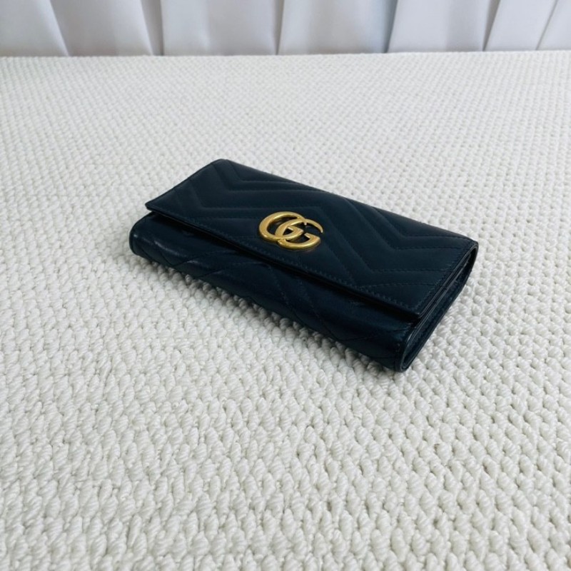 Gucci 古馳 marmont系列 金標Logo 銜縫皮革 長款翻蓋拉鍊錢包-4