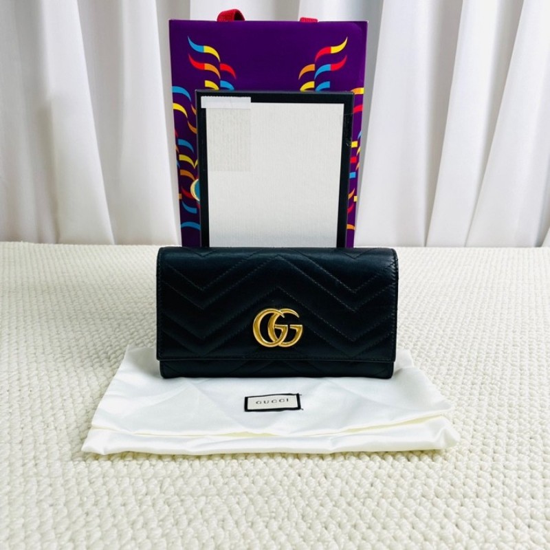 Gucci 古馳 marmont系列 金標Logo 銜縫皮革 長款翻蓋拉鍊錢包-6