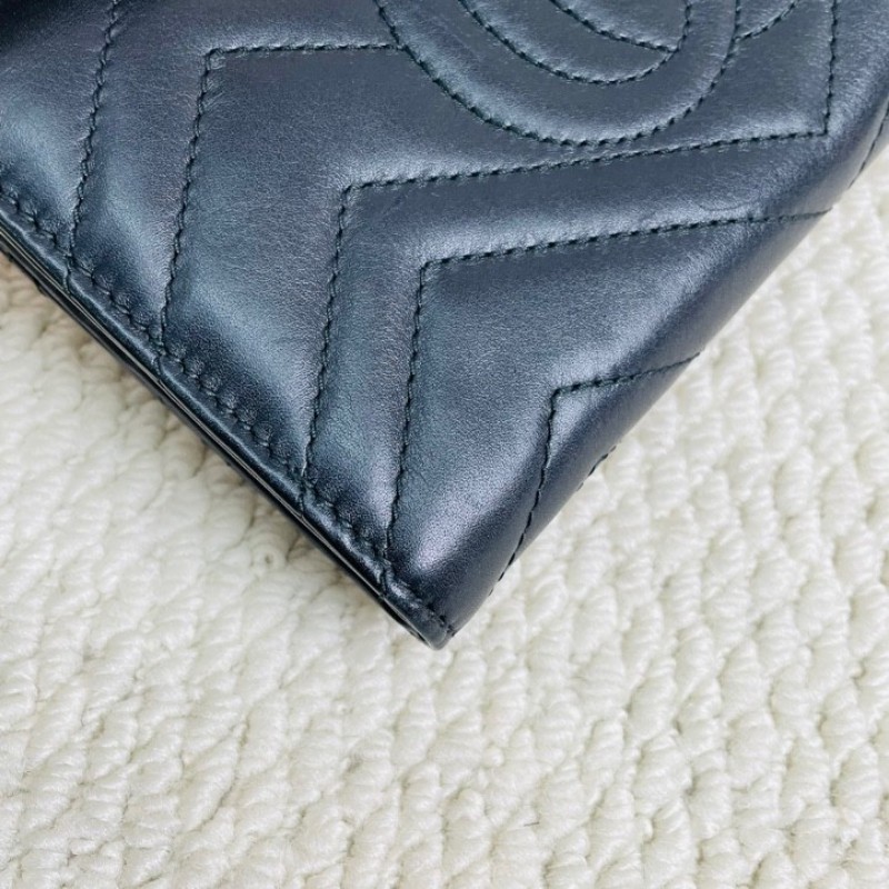 Gucci 古馳 marmont系列 金標Logo 銜縫皮革 長款翻蓋拉鍊錢包-10