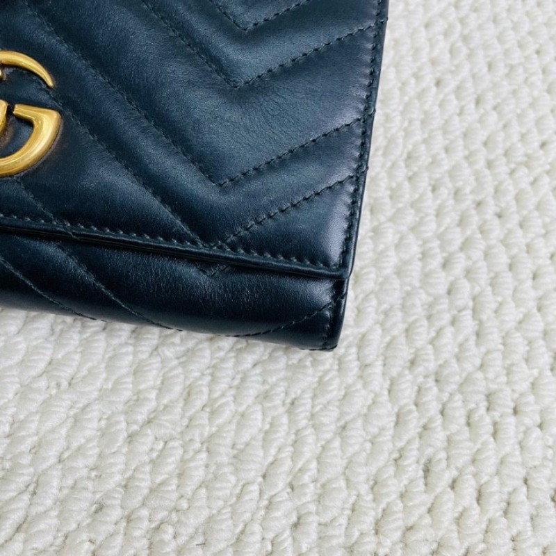 Gucci 古馳 marmont系列 金標Logo 銜縫皮革 長款翻蓋拉鍊錢包-12