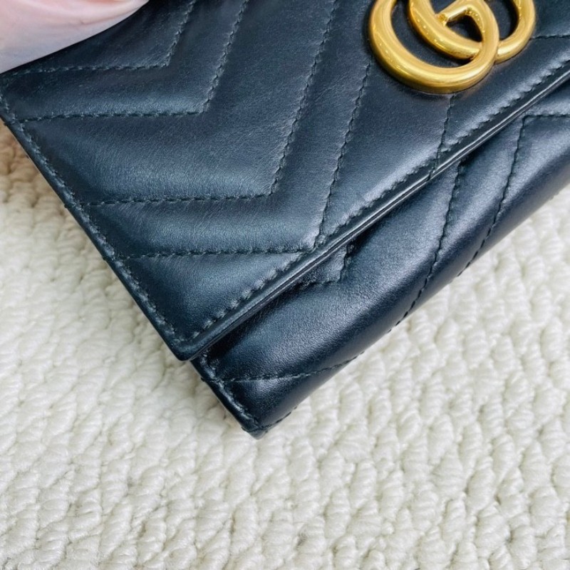 Gucci 古馳 marmont系列 金標Logo 銜縫皮革 長款翻蓋拉鍊錢包-13
