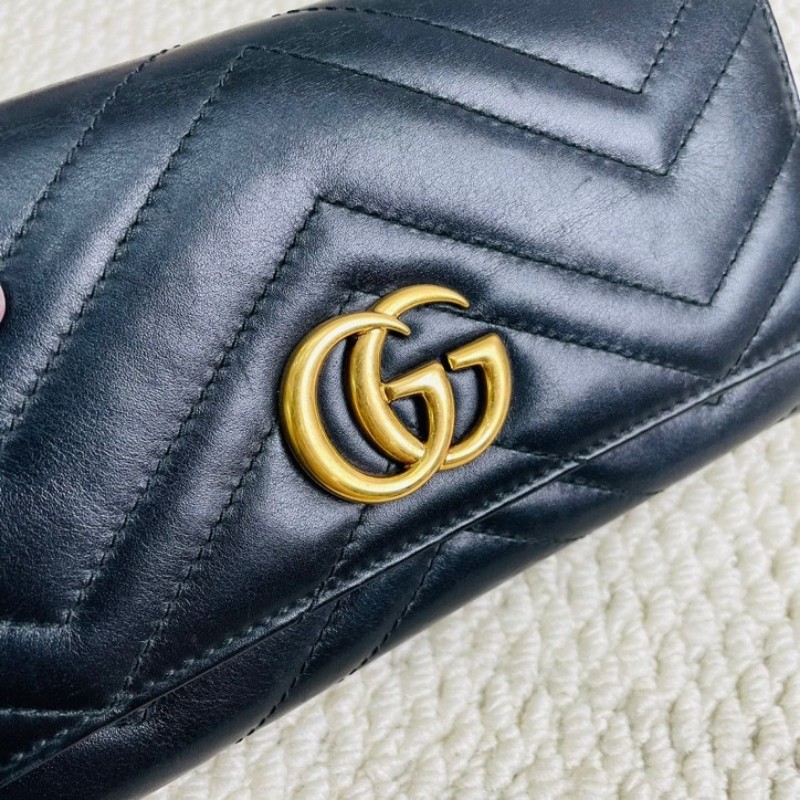 Gucci 古馳 marmont系列 金標Logo 銜縫皮革 長款翻蓋拉鍊錢包-14