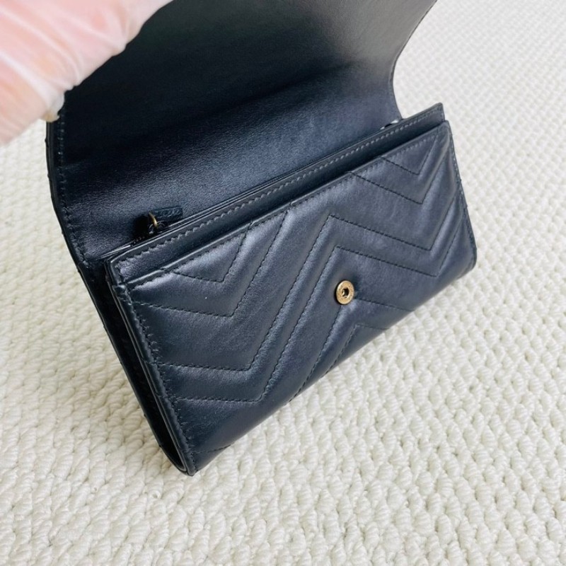 Gucci 古馳 marmont系列 金標Logo 銜縫皮革 長款翻蓋拉鍊錢包-16
