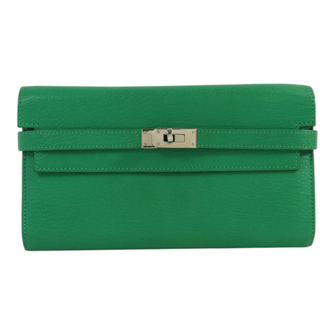 HERMES Chevre皮革Kelly wallet銀扣長錢包Menthe