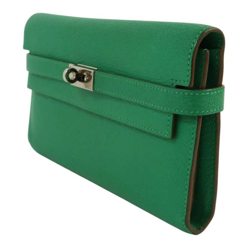 HERMES Chevre皮革Kelly wallet銀扣長錢包Menthe-2