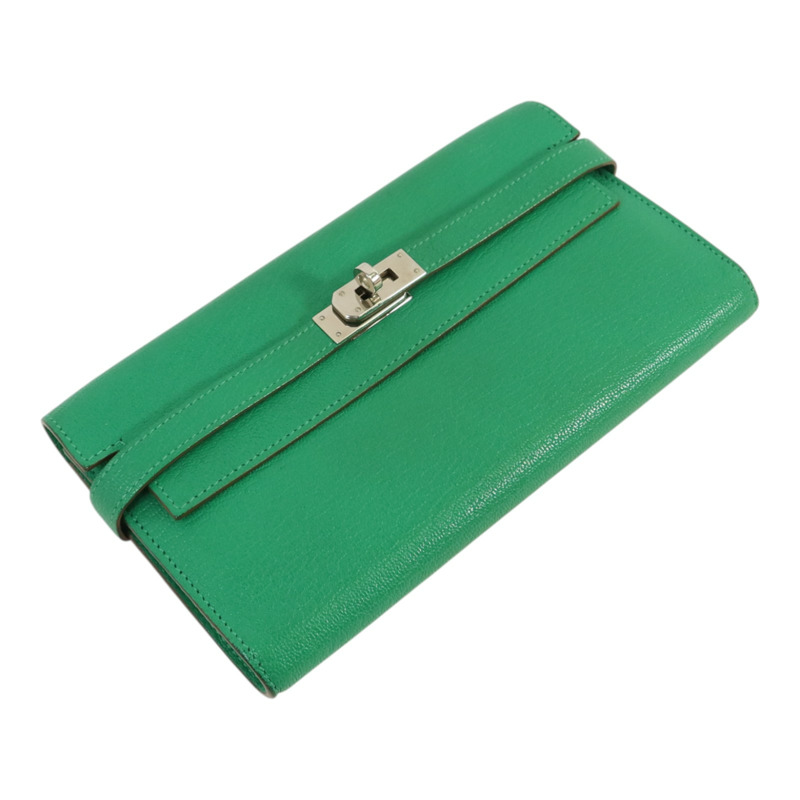 HERMES Chevre皮革Kelly wallet銀扣長錢包Menthe-3