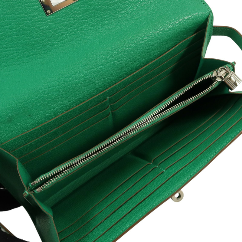 HERMES Chevre皮革Kelly wallet銀扣長錢包Menthe-5