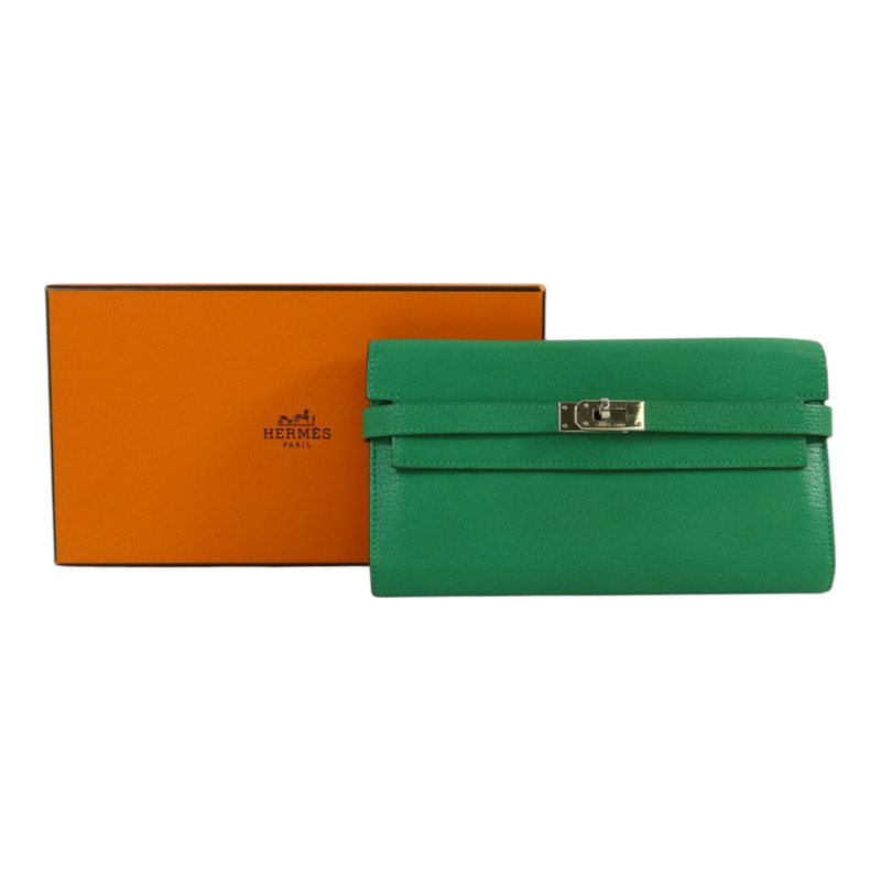HERMES Chevre皮革Kelly wallet銀扣長錢包Menthe-9