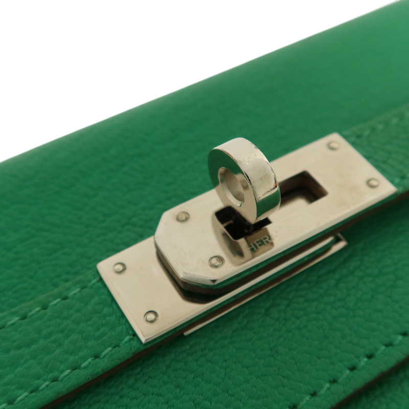 HERMES Chevre皮革Kelly wallet銀扣長錢包Menthe-14
