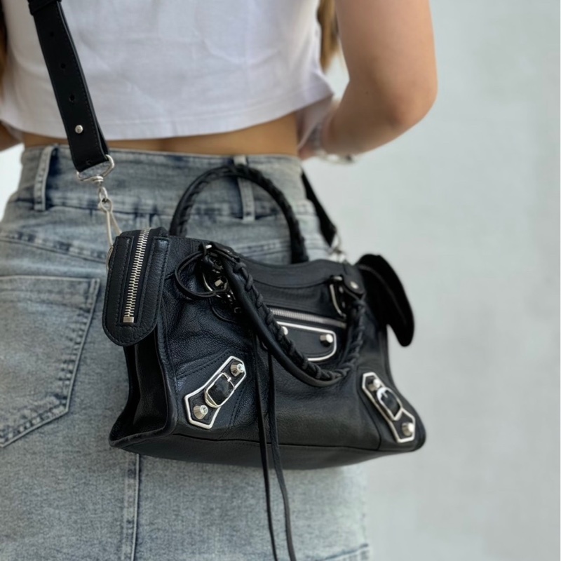 「JL精品代購」Balenciaga黑銀山羊皮nano city機車包-1