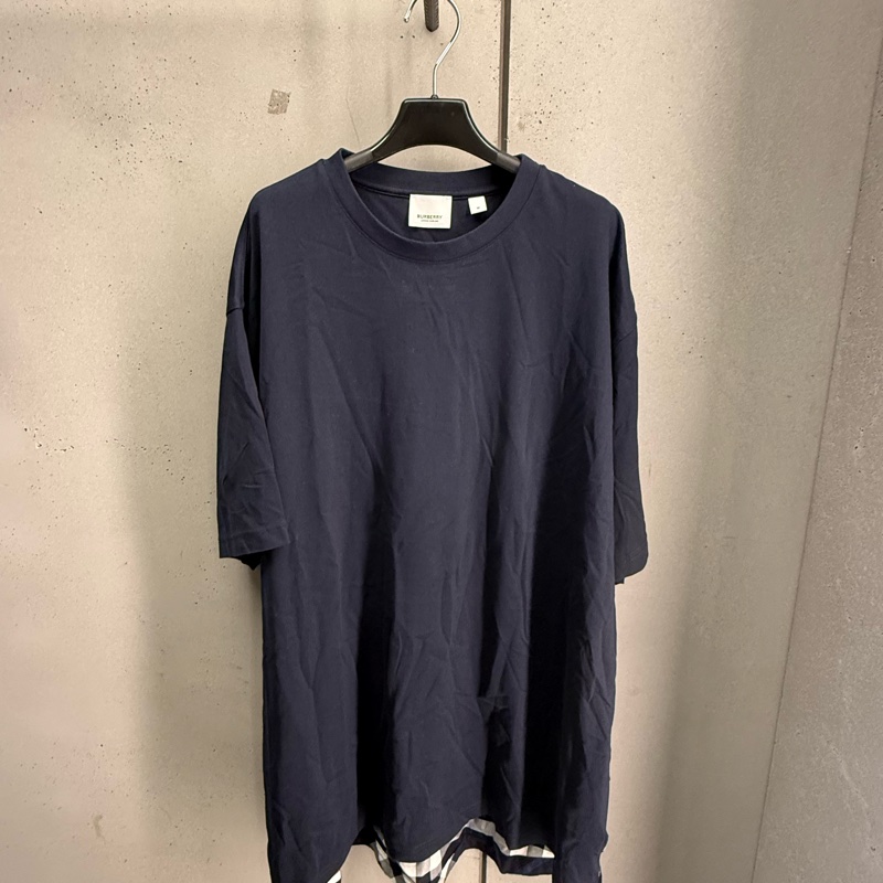 二手海軍藍Burberry拼接短袖T恤-0
