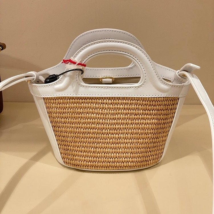 🎊新品特賣🎁Marni Micro Tropicalia 皮革和拉菲草編織包 白色/付長肩帶-2