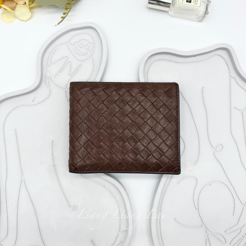 BOTTEGA VENETA BV經典編織小羊皮咖啡色撞色短夾-1