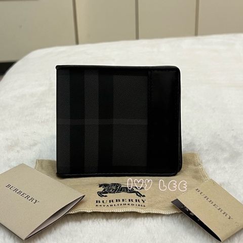 BURBERRY 經典黑灰格紋 翻蓋短夾 零錢袋 5卡層 正品 二手精品