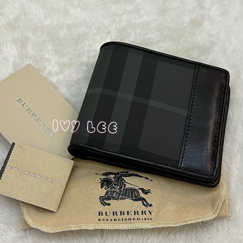 BURBERRY 經典黑灰格紋 翻蓋短夾 零錢袋 5卡層 正品 二手精品-28