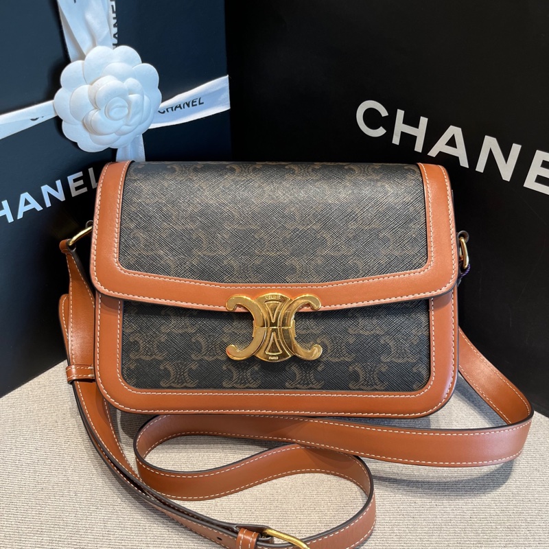 98新 Celine賽琳棕色老花凱旋門中號單肩包  無附件-0