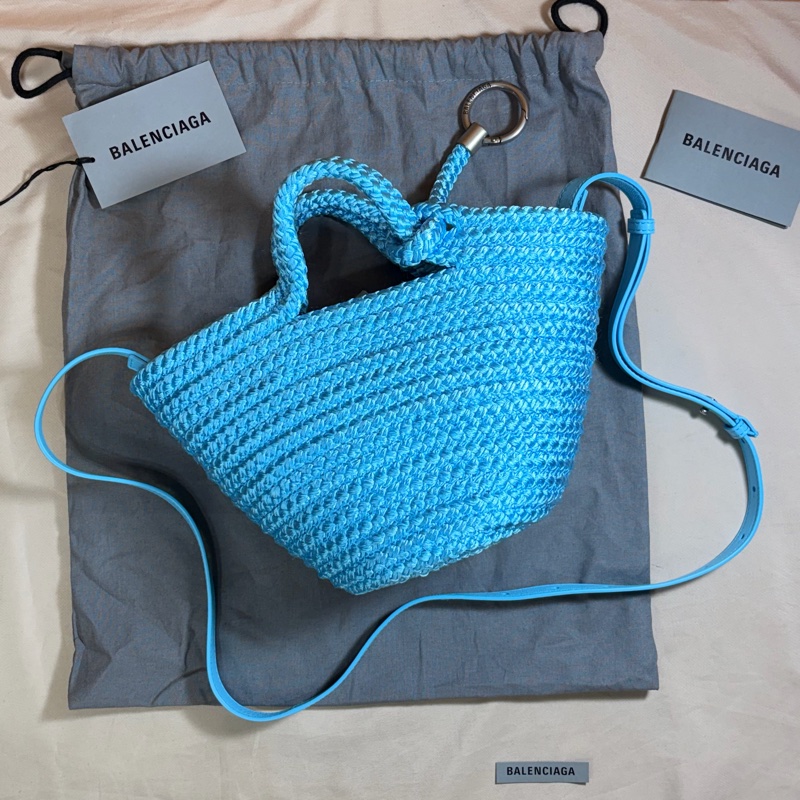 ‼️全台最甜 全新未使用 巴黎世家 Balenciaga 寶寶藍 針織草編造型籃子包 手提包 肩背/斜背包-2