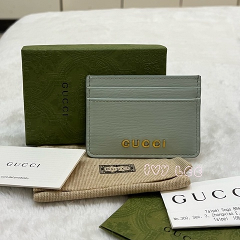 GUCCI  773428 淺藍 水藍 金字LOGO 4卡層 一夾層 卡夾 正品 二手精品