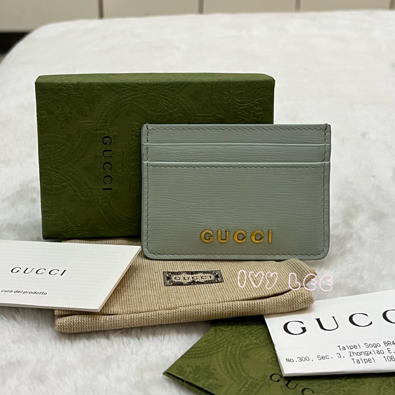GUCCI 773428 淺藍 水藍 金字LOGO 4卡層 一夾層 卡夾 正品 二手精品-0