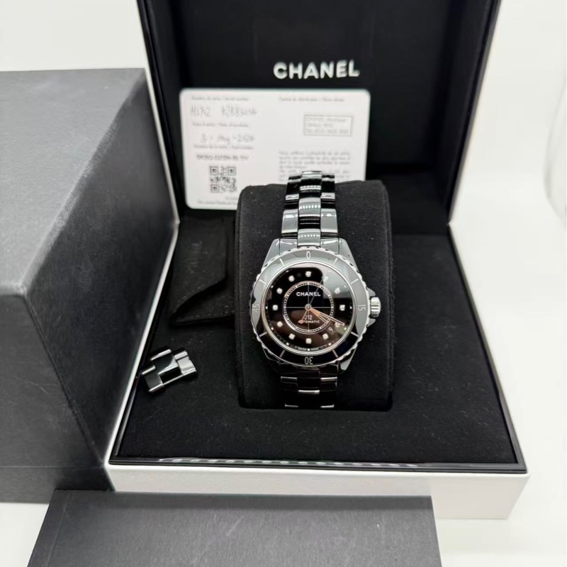 小巴黎二手名牌 正品chanel j12 38mm 鑽 機械 透背 鏤空 陶瓷錶 2024保卡 盒-4
